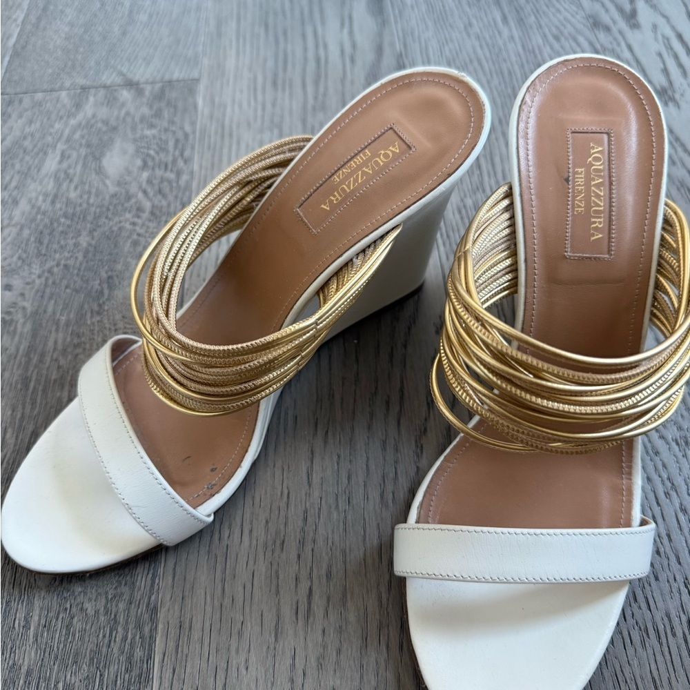 Aquazzura Italy Rendez Vous White and Gold Banded Wedge Sandals